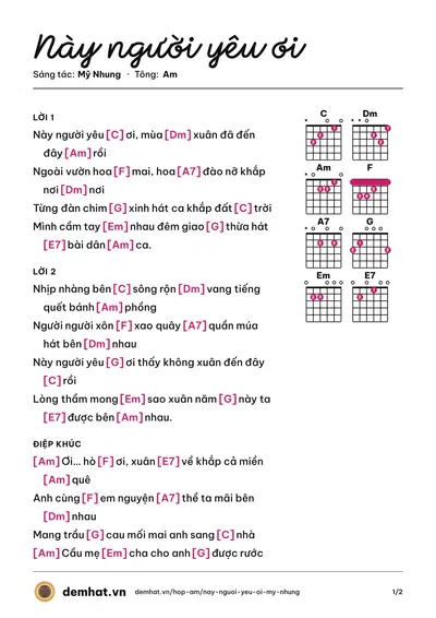Hợp âm Này người yêu ơi (Mỹ Nhung) – bản nhạc PDF trang 1, tông Am