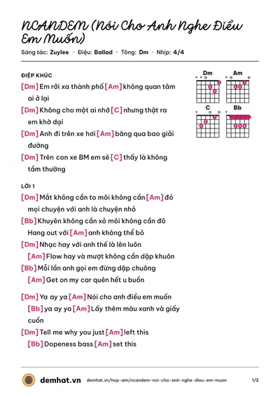 Hợp âm NCANDEM (Nói Cho Anh Nghe Điều Em Muốn) (Zuylee) – bản nhạc PDF trang 1, tông Dm