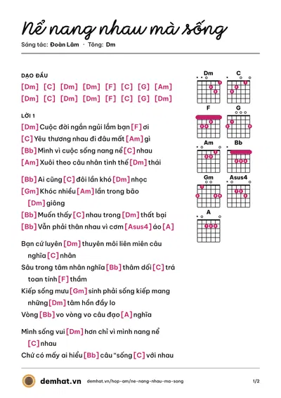 Hợp âm Nể nang nhau mà sống (Ngọc Ánh Sáng) – bản nhạc PDF trang 1, tông Dm