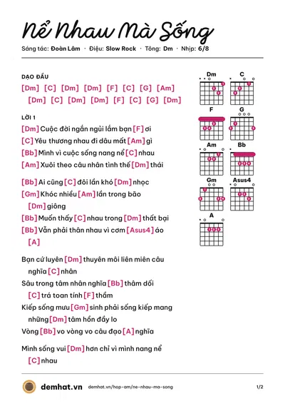 Hợp âm Nể Nhau Mà Sống (Đoàn Lâm) – bản nhạc PDF trang 1, tông Dm