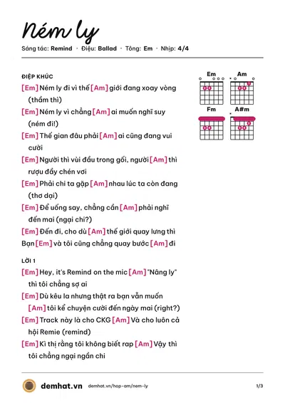 Hợp âm Ném ly (Remind) – bản nhạc PDF trang 1, tông Em