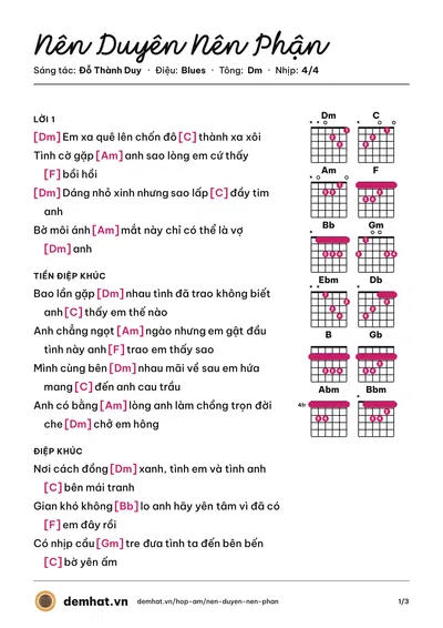 Hợp âm Nên Duyên Nên Phận (Duyên Kendy) – bản nhạc PDF trang 1, tông Dm