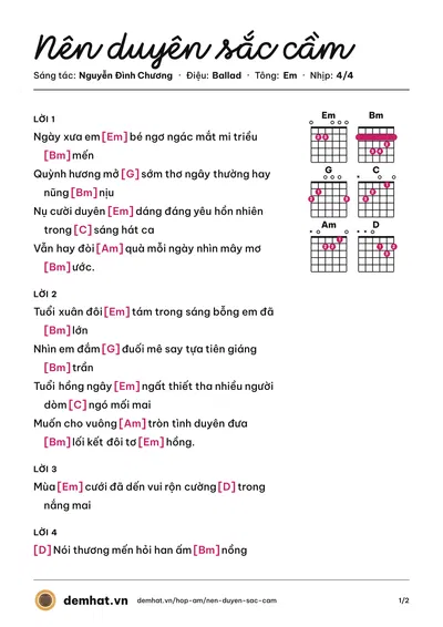 Hợp âm Nên duyên sắc cầm (Nguyễn Đình Chương) – bản nhạc PDF trang 1, tông Em