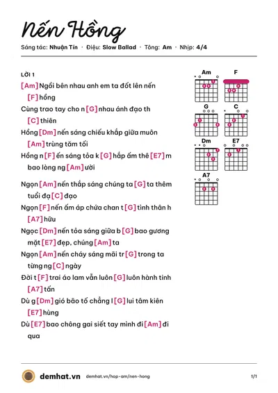 Hợp âm Nến Hồng (Hoảng Bảo) – bản nhạc PDF trang 1, tông Am