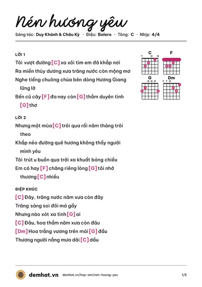 Hợp âm Nén hương yêu (Duy Khánh) – bản nhạc PDF trang 1, tông C