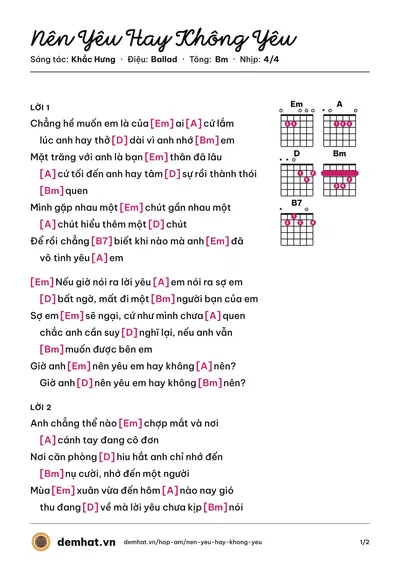 Hợp âm Nên Yêu Hay Không Yêu (JSOL) – bản nhạc PDF trang 1, tông Bm