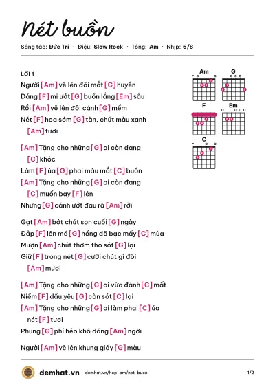 Hợp âm Nét buồn (Uyên Linh) – bản nhạc PDF trang 1, tông Am