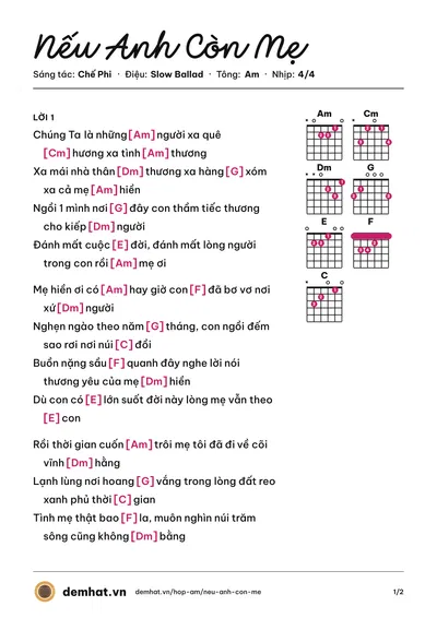 Hợp âm Nếu Anh Còn Mẹ (Chế Phi) – bản nhạc PDF trang 1, tông Am