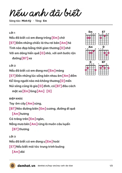 Hợp âm Nếu anh đã biết (Phương Dung (trước 75)) – bản nhạc PDF trang 1, tông Em