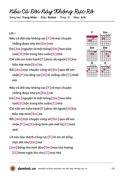 Hợp âm Nếu Cả Đời Này Không Rực Rỡ (Tiểu Mỹ) – bản nhạc PDF trang 1, tông C