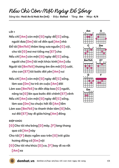 Hợp âm Nếu Chỉ Còn Một Ngày Để Sống (Hồ Ngọc Hà) – bản nhạc PDF trang 1, tông Am