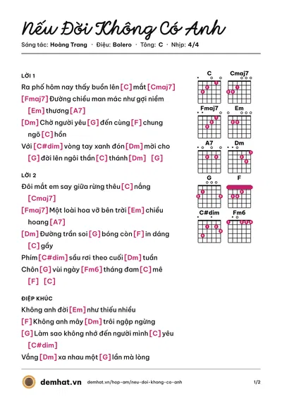 Hợp âm Nếu Đời Không Có Anh (Mai Thiên Vân) – bản nhạc PDF trang 1, tông C