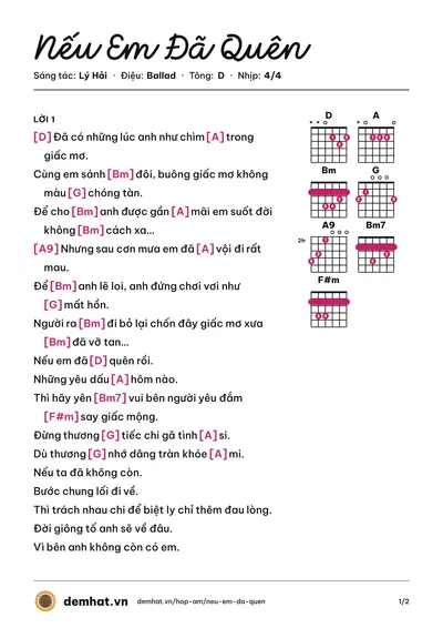 Hợp âm Nếu Em Đã Quên (Lý Hải) – bản nhạc PDF trang 1, tông D