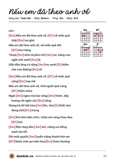 Hợp âm Nếu em đã theo anh về (Tuấn Vũ) – bản nhạc PDF trang 1, tông Em