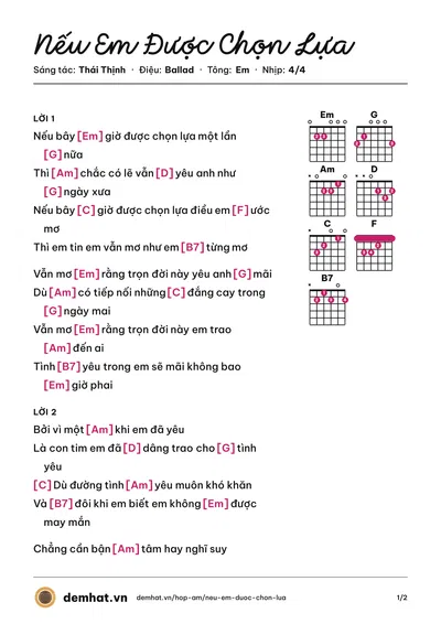 Hợp âm Nếu Em Được Chọn Lựa (Lệ Quyên) – bản nhạc PDF trang 1, tông Em