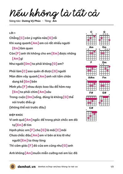 Hợp âm Nếu không là tất cả (Dương Vỹ Phúc) – bản nhạc PDF trang 1, tông Am
