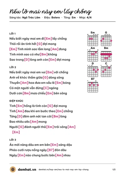Hợp âm Nếu lỡ mai này em lấy chồng (Ngô Trác Lâm) – bản nhạc PDF trang 1, tông Em