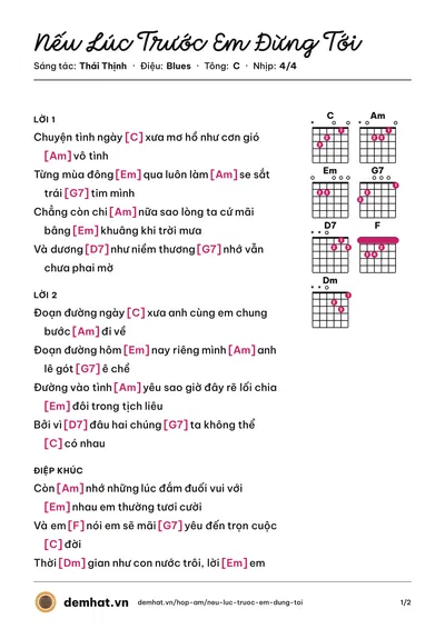 Hợp âm Nếu Lúc Trước Em Đừng Tới (Quang Vinh) – bản nhạc PDF trang 1, tông C