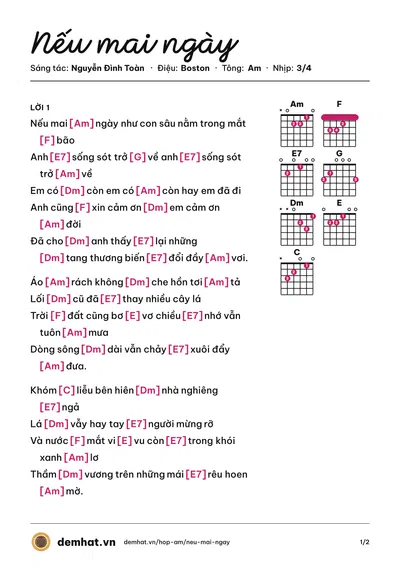 Hợp âm Nếu mai ngày (Nguyễn Đình Toàn) – bản nhạc PDF trang 1, tông Am