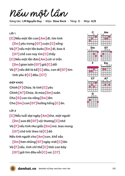 Hợp âm Nếu một lần (Lệ Hằng) – bản nhạc PDF trang 1, tông C