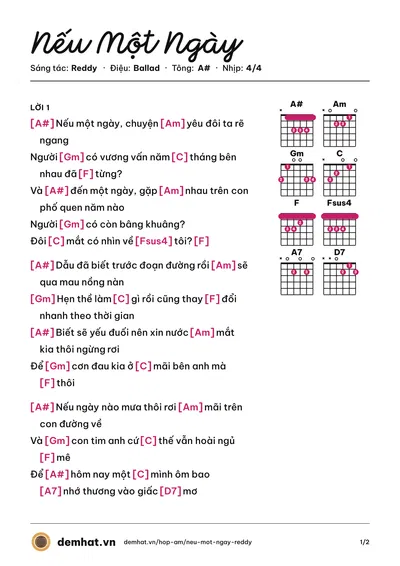 Hợp âm Nếu Một Ngày (Reddy) – bản nhạc PDF trang 1, tông A#