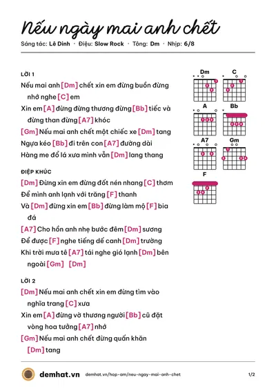 Hợp âm Nếu ngày mai anh chết (Elvis Phương) – bản nhạc PDF trang 1, tông Dm