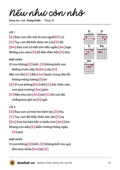 Hợp âm Nếu như còn nhớ (Lm. Trọng Khẩn) – bản nhạc PDF trang 1, tông G