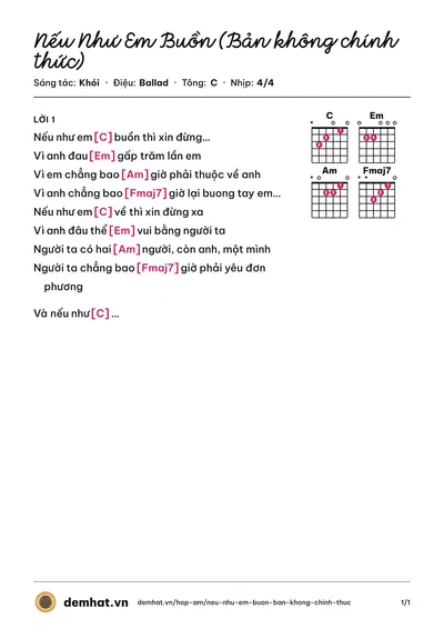 Hợp âm Nếu Như Em Buồn (Bản không chính thức) (Khói) – bản nhạc PDF trang 1, tông C