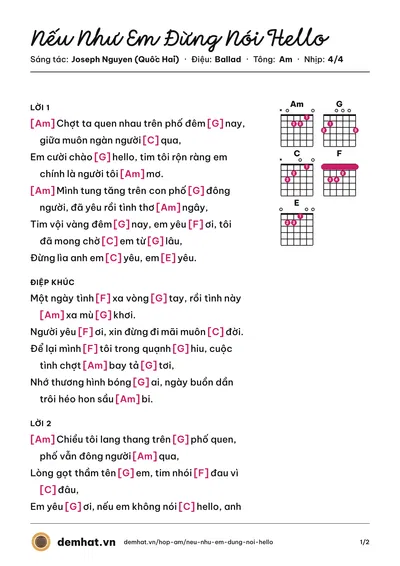 Hợp âm Nếu Như Em Đừng Nói Hello (Bambyy) – bản nhạc PDF trang 1, tông Am