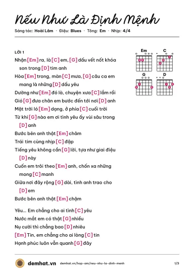 Hợp âm Nếu Như Là Định Mệnh (Binz) – bản nhạc PDF trang 1, tông Em