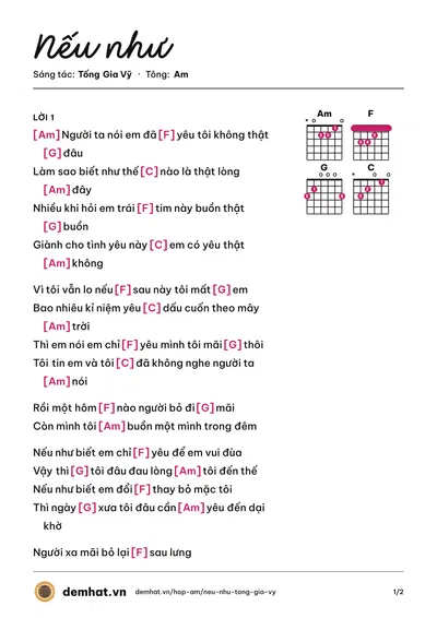Hợp âm Nếu như (Tống Gia Vỹ) – bản nhạc PDF trang 1, tông Am