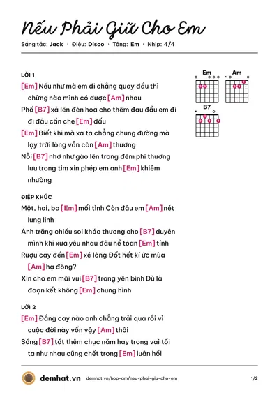 Hợp âm Nếu Phải Giữ Cho Em (Jack) – bản nhạc PDF trang 1, tông Em