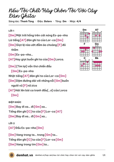 Hợp âm Nếu Tôi Chết Hãy Chôn Tôi Với Cây Đàn Ghita (Việt Hoàn) – bản nhạc PDF trang 1, tông Dm