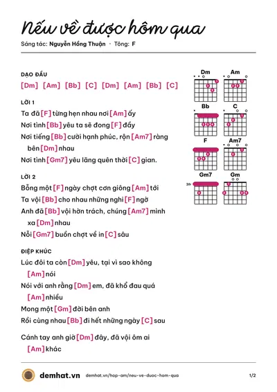 Hợp âm Nếu về được hôm qua (Nguyễn Hồng Thuận) – bản nhạc PDF trang 1, tông F