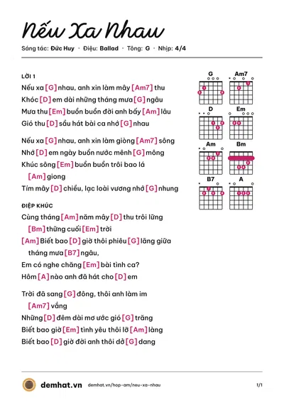 Hợp âm Nếu Xa Nhau (Lệ Quyên) – bản nhạc PDF trang 1, tông G