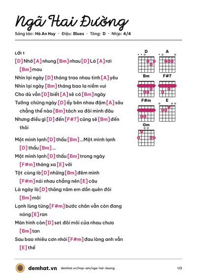 Hợp âm Ngã Hai Đường (Hà An Huy) – bản nhạc PDF trang 1, tông D