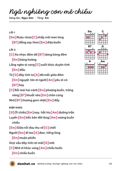 Hợp âm Ngã nghiêng cơn mê chiều (Ngọc Sơn) – bản nhạc PDF trang 1, tông Em
