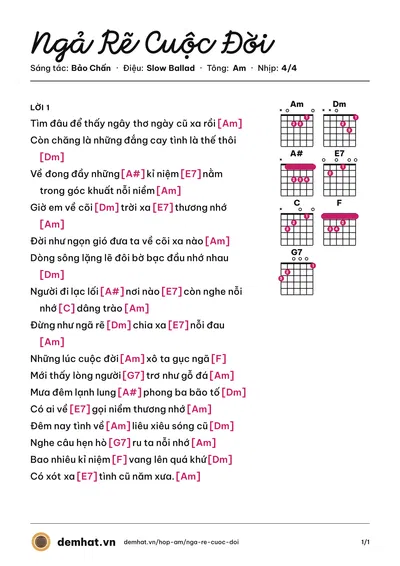 Hợp âm Ngả Rẽ Cuộc Đời (Ngân Khánh) – bản nhạc PDF trang 1, tông Am