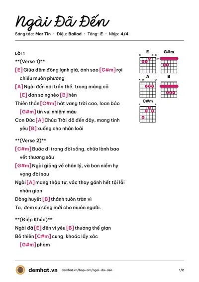 Hợp âm Ngài Đã Đến (Mar Tin) – bản nhạc PDF trang 1, tông E