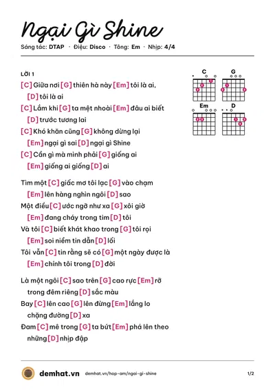 Hợp âm Ngại Gì Shine (Thu Phương) – bản nhạc PDF trang 1, tông Em