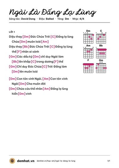 Hợp âm Ngài Là Đấng Lạ Lùng (Mai Thảo) – bản nhạc PDF trang 1, tông Dm