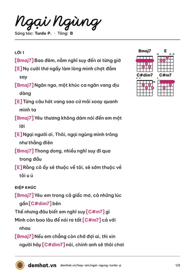 Hợp âm Ngại Ngùng (Kwent) – bản nhạc PDF trang 1, tông B