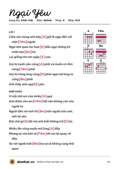 Hợp âm Ngại Yêu (Khắc Việt) – bản nhạc PDF trang 1, tông A