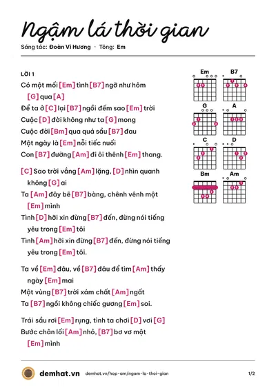 Hợp âm Ngậm lá thời gian (Ý Lan) – bản nhạc PDF trang 1, tông Em