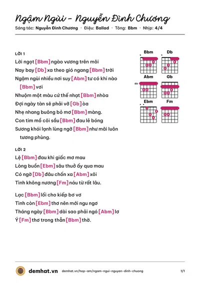 Hợp âm Ngậm Ngùi - Nguyễn Đình Chương (Nguyễn Đình Chương) – bản nhạc PDF trang 1, tông Bbm