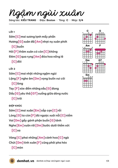Hợp âm Ngậm ngùi xuân (Thảo Hồ) – bản nhạc PDF trang 1, tông C