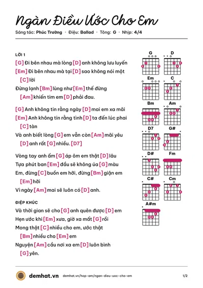 Hợp âm Ngàn Điều Ước Cho Em (Thanh Ngọc) – bản nhạc PDF trang 1, tông G