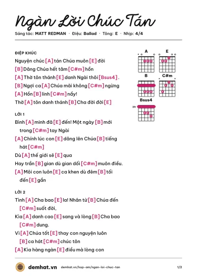Hợp âm Ngàn Lời Chúc Tán (Quân Keyboard) – bản nhạc PDF trang 1, tông E
