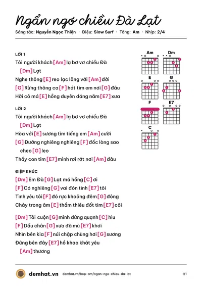 Hợp âm Ngẩn ngơ chiều Đà Lạt (Nguyễn Ngọc Thiện) – bản nhạc PDF trang 1, tông Am