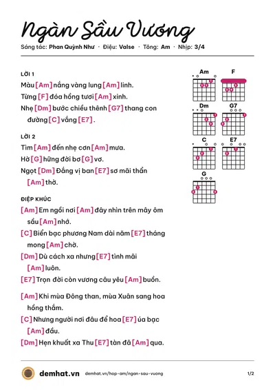 Hợp âm Ngàn Sầu Vương (Diệu Hiền) – bản nhạc PDF trang 1, tông Am